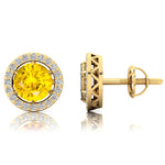 Round Solitaire Yellow Sapphire Halo Diamond Stud Earrings - GeumJewels