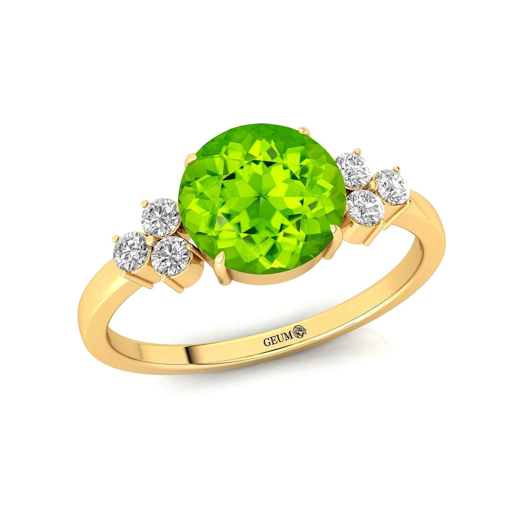 Trio Diamond Engagement Ring with Round Solitaire Peridot - GeumJewels