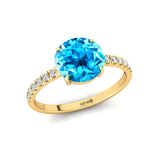 Classic Six Prong Round Solitaire Swiss Blue Topaz Ring with Accent Diamond Band - GeumJewels