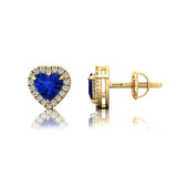 Heart Shaped Blue Sapphire Halo Diamond Stud Earrings - GeumJewels