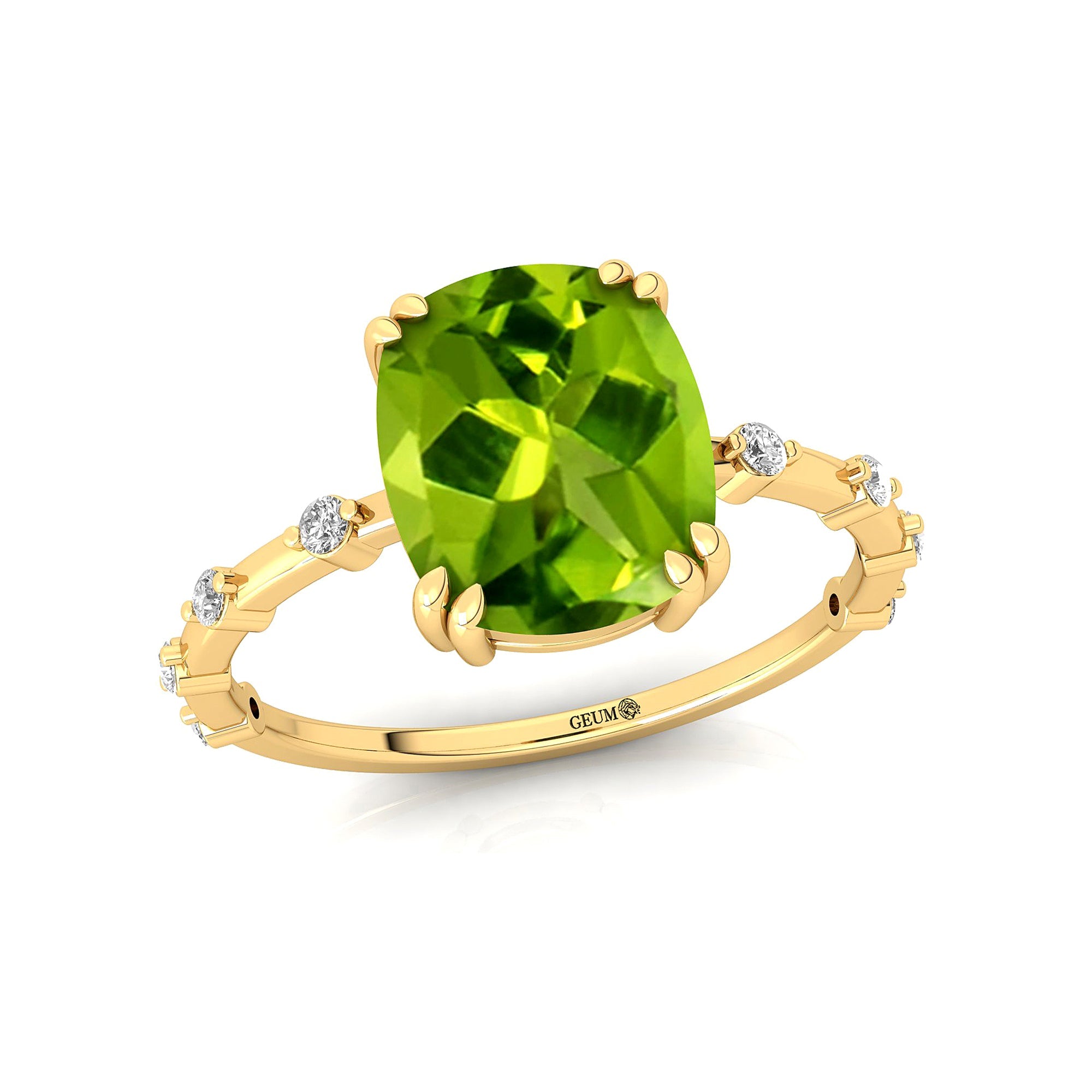 Cushion Cut Peridot Engagement Ring with Distant Diamond Band - GeumJewels