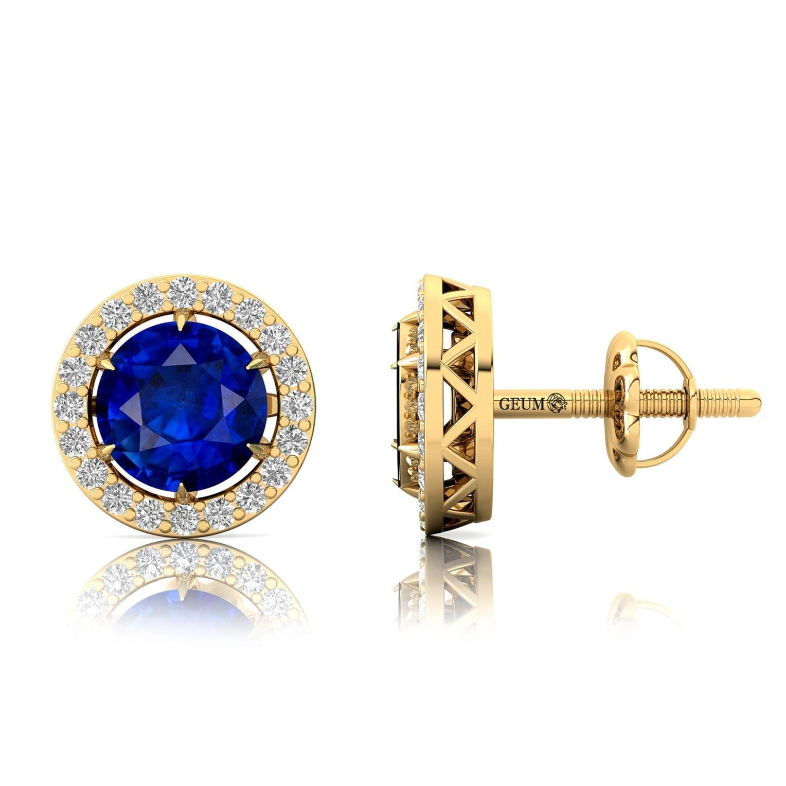 Round Solitaire Blue Sapphire Halo Diamond Stud Earrings - GeumJewels