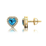 Heart Shaped Swiss Blue Topaz Halo Diamond Stud Earrings - GeumJewels