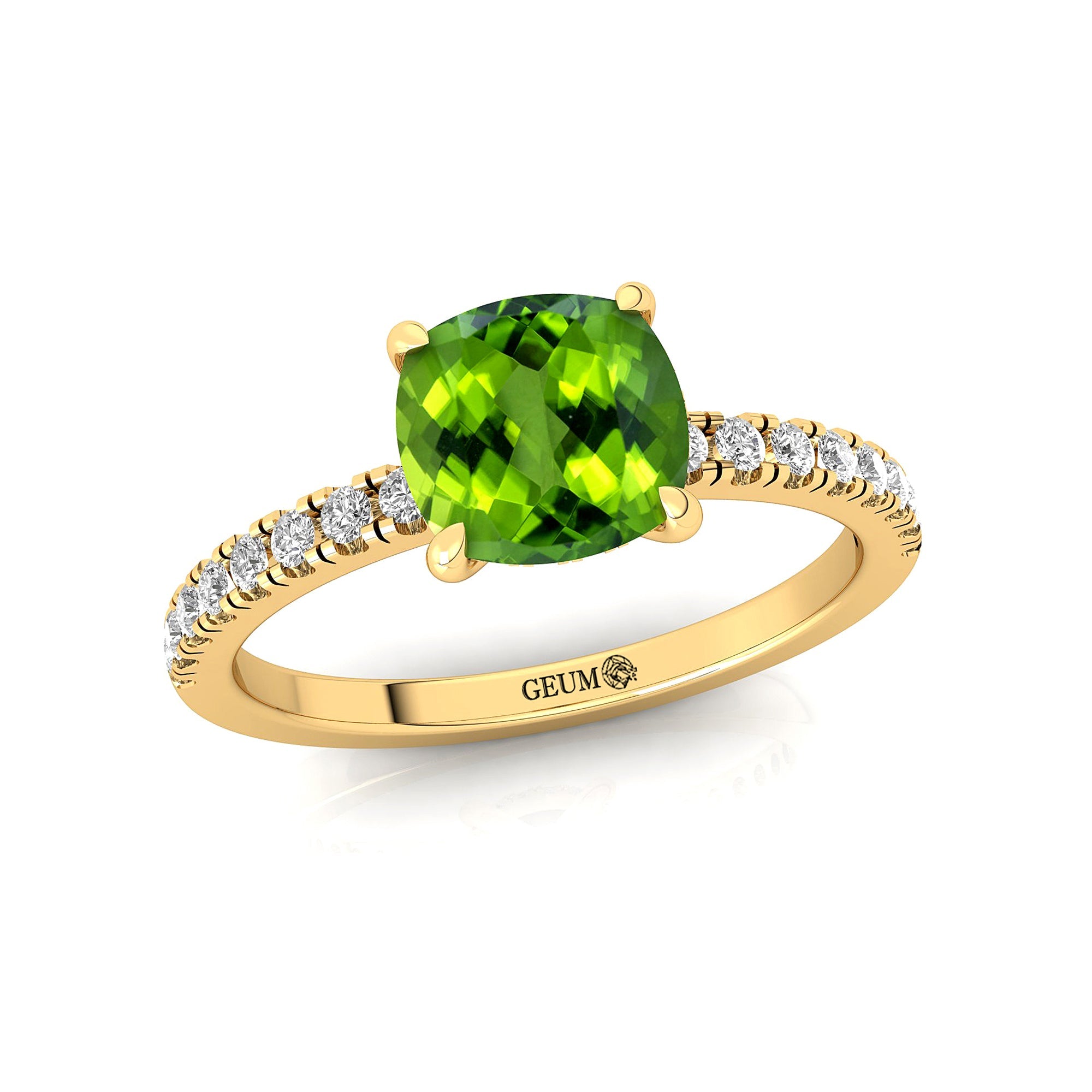 Peridot Square Cushion Under Halo Diamonds Thin Ring with Diamond Band - GeumJewels