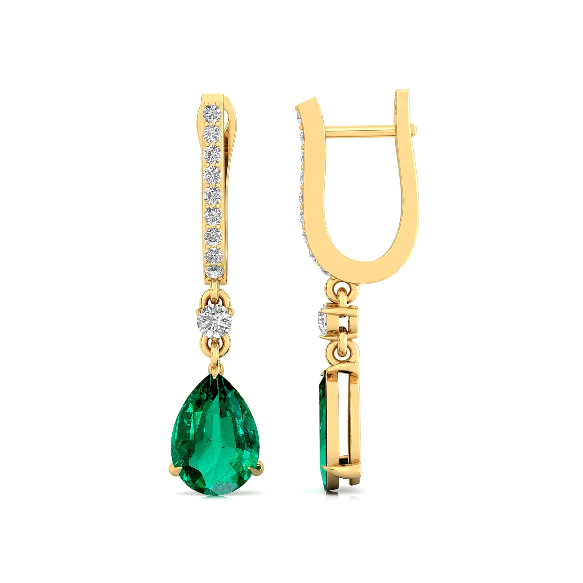 Lever Back Diamond Drop Earrings with Pear Cut Emerald - GeumJewels