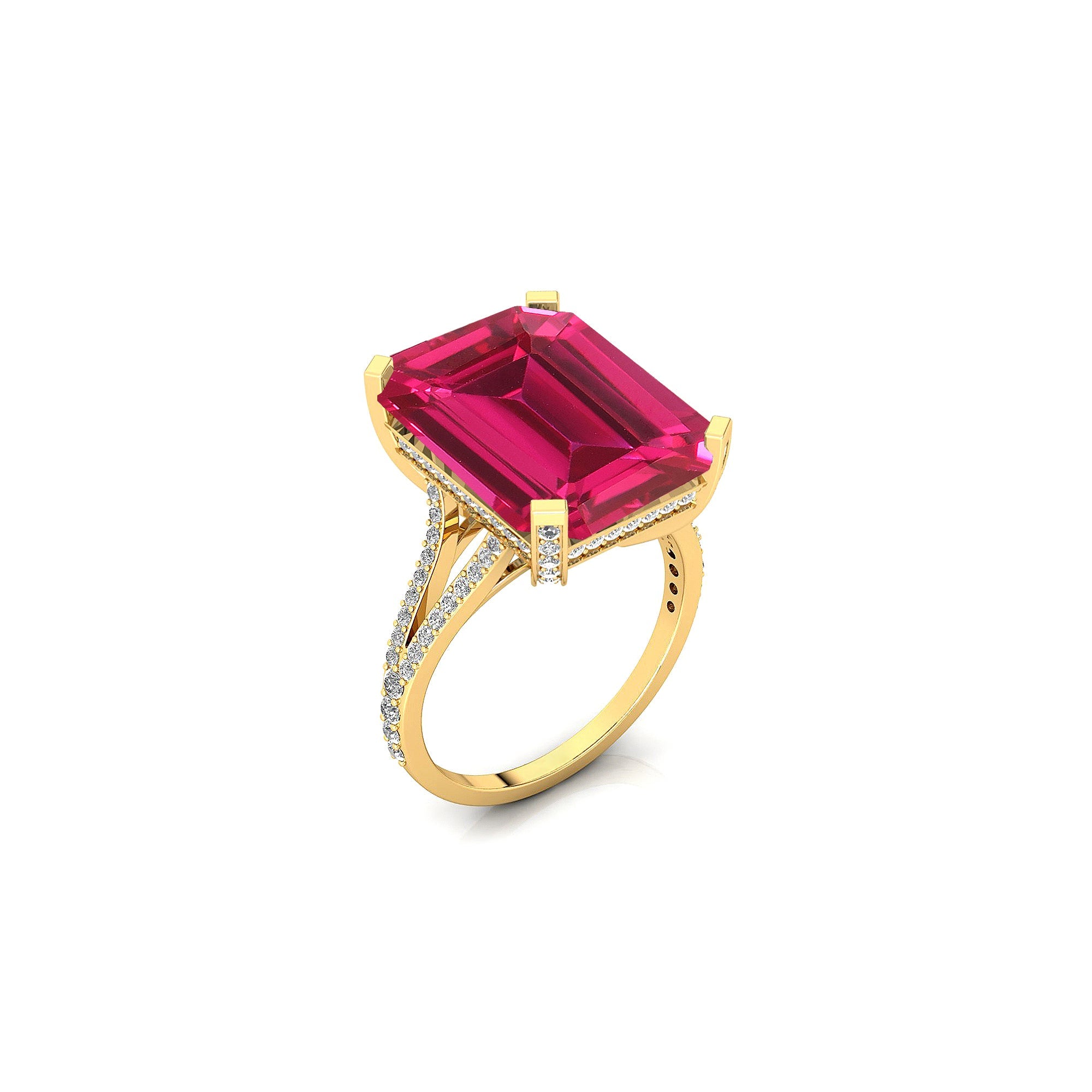 Emerald Cut Pink Sapphire Split Shank Engagement Ring with Diamonds - GeumJewels