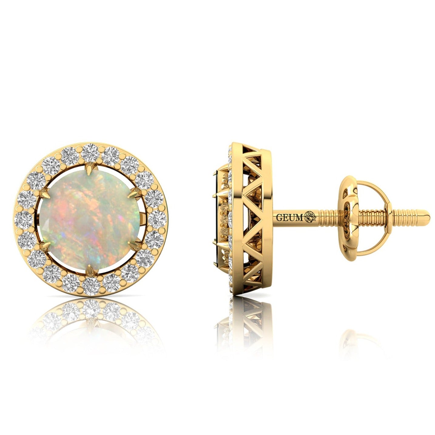 Round Solitaire Opal Halo Diamond Stud Earrings - GeumJewels
