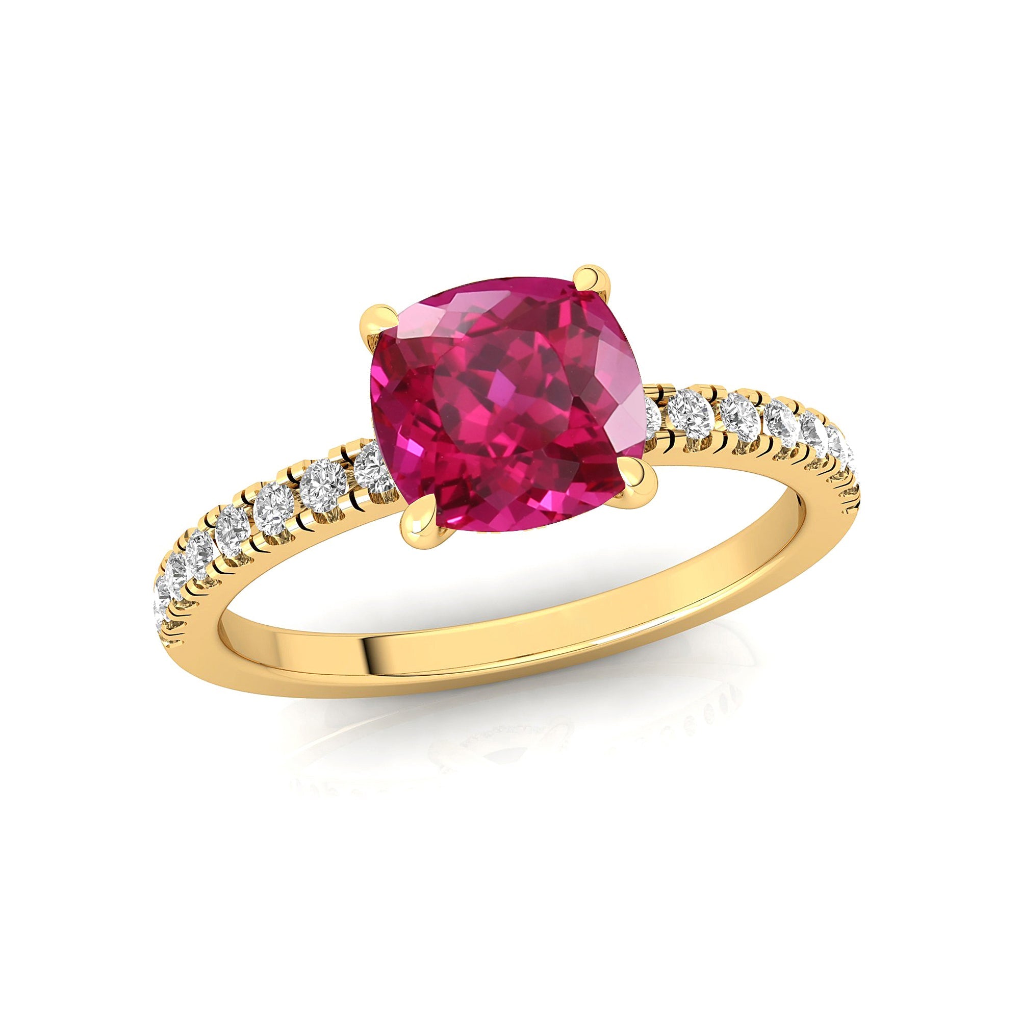 Pink Sapphire Square Cushion Under Halo Diamonds Thin Ring with Diamond Band - GeumJewels