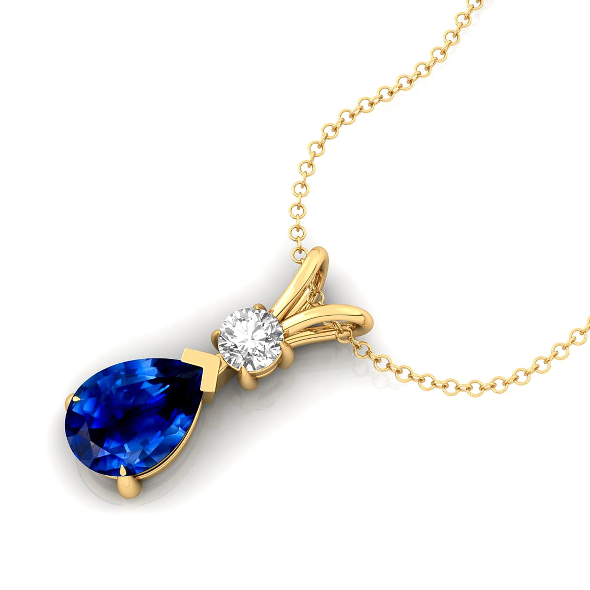 Blue Sapphire Teardrop Pendant with Solitaire Diamond - GeumJewels