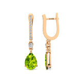 Lever Back Diamond Drop Earrings with Pear Cut Peridot - GeumJewels