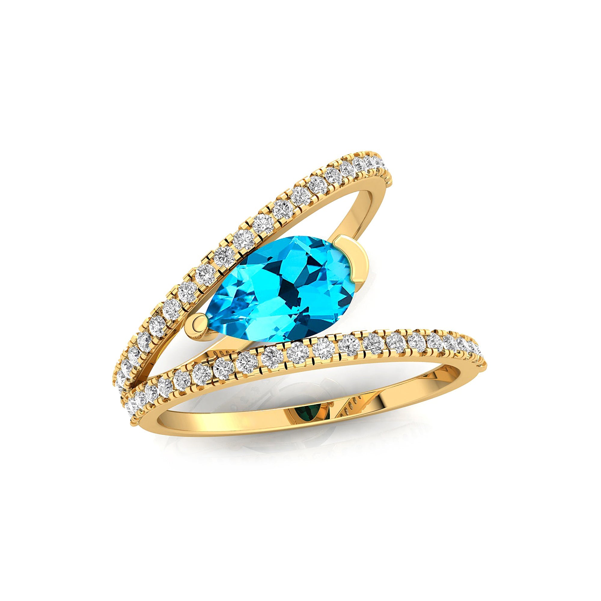 Fashionable V Shaped Diamond Ring with Pear Cut Swiss Blue Topaz - GeumJewels
