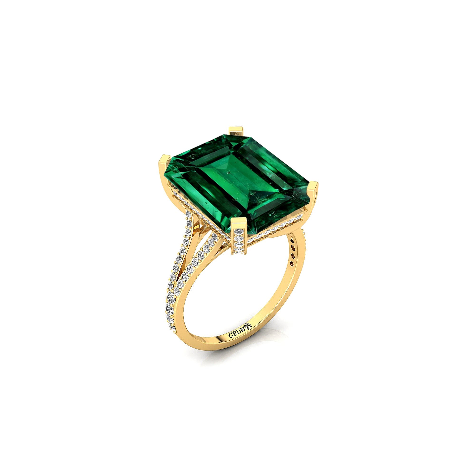 Emerald Cut Emerald Split Shank Engagement Ring with Diamonds - GeumJewels