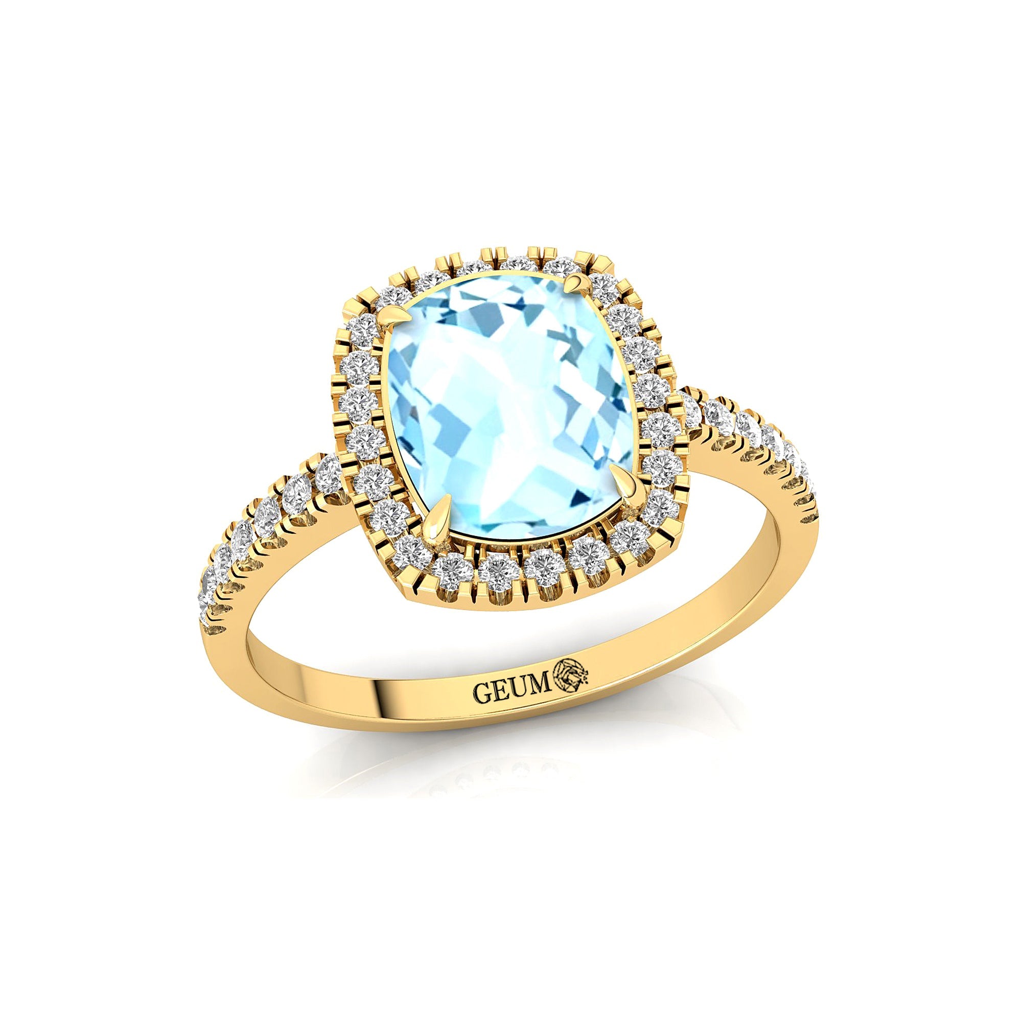 Elongated Cushion Halo Set Aquamarine Engagement Ring with Diamond Band - GeumJewels