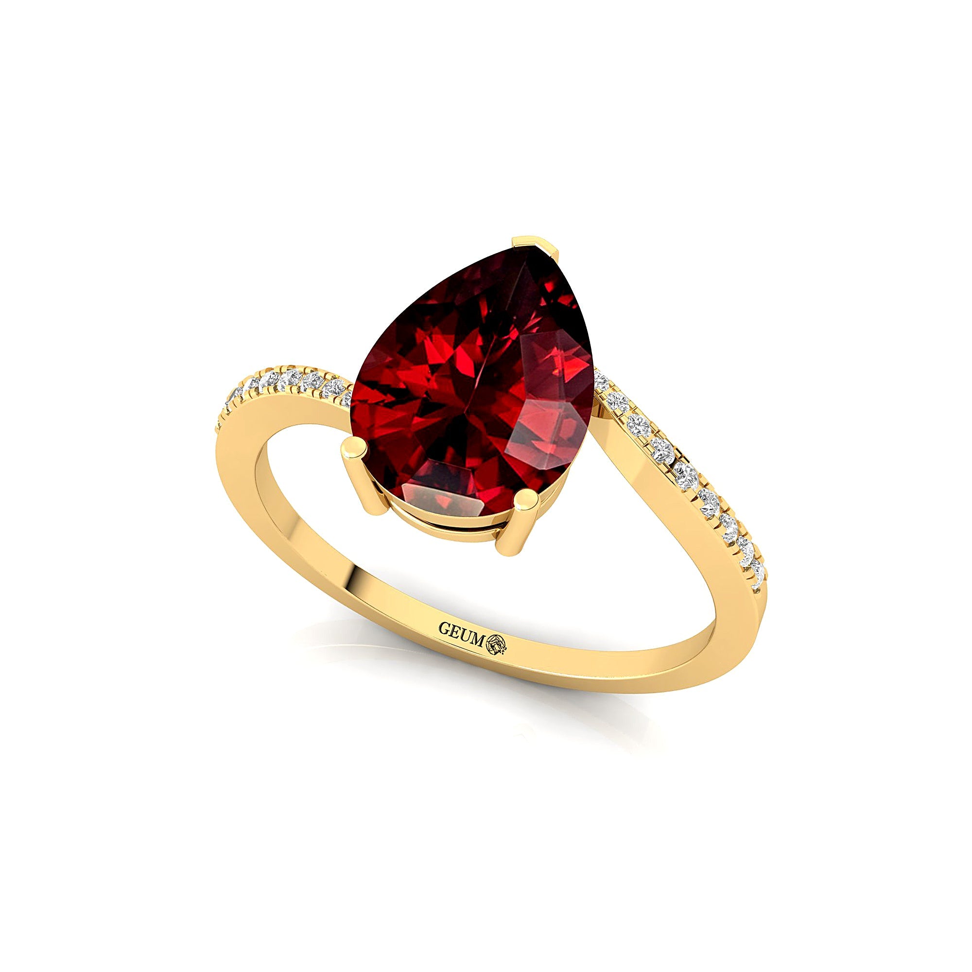 Twisted Up Down Band Pear Shaped Garnet Ring with Accent Diamonds - GeumJewels