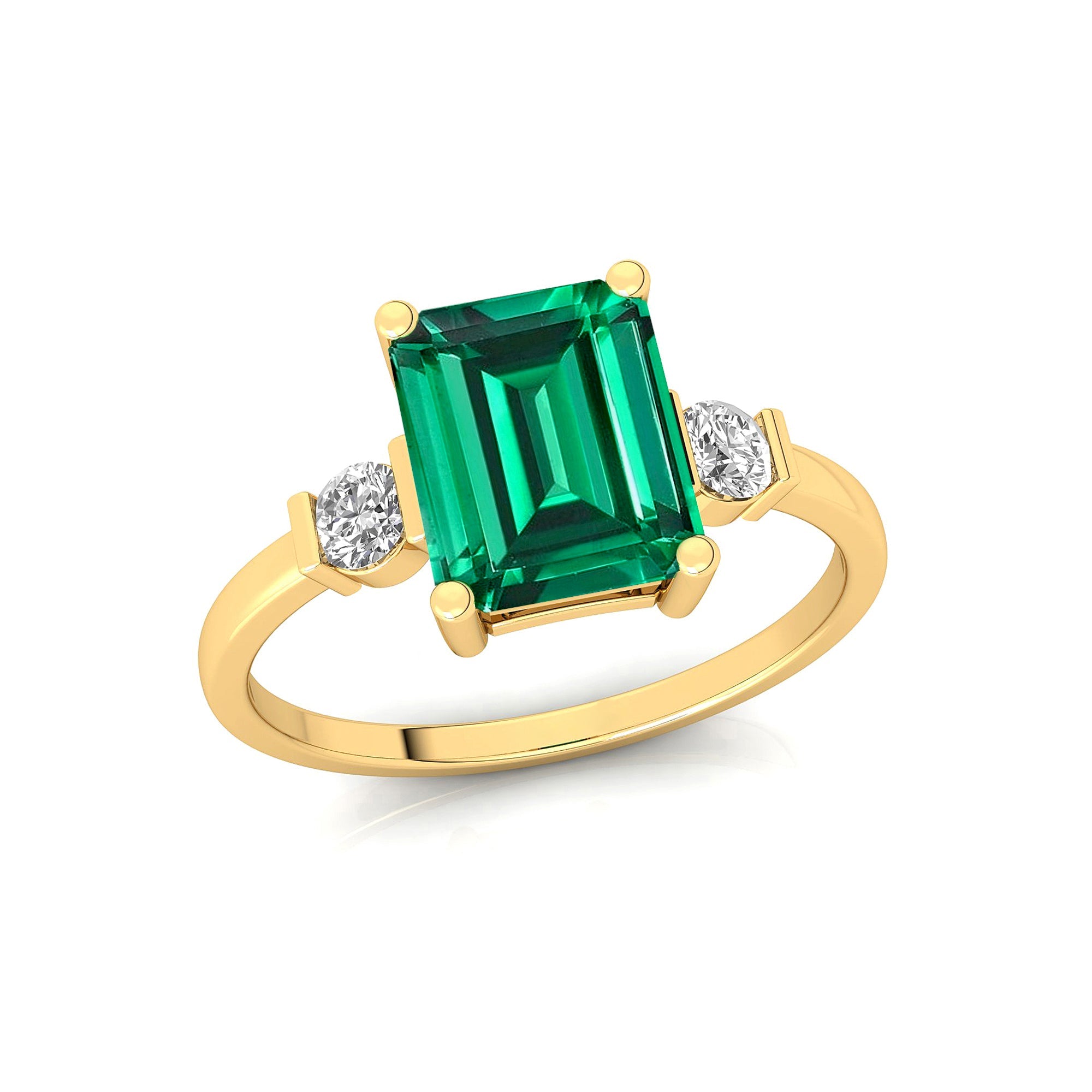 Emerald Cut Emerald and Diamond Three Stone Ring - GeumJewels
