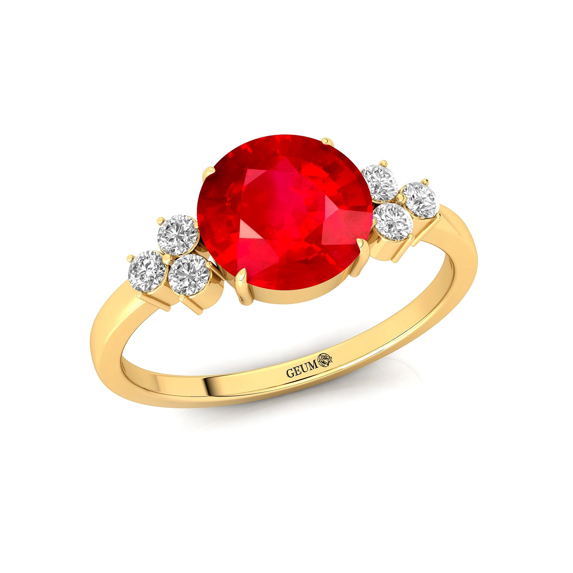 Trio Diamond Engagement Ring with Round Solitaire Ruby - GeumJewels