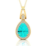 Classic Teardrop Shaped Paraiba Tourmaline Halo Diamond Dangle Pendant - GeumJewels