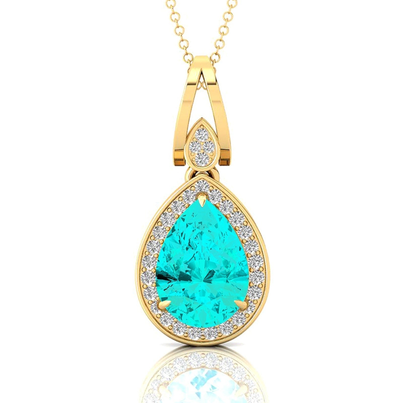 Classic Teardrop Shaped Paraiba Tourmaline Halo Diamond Dangle Pendant - GeumJewels