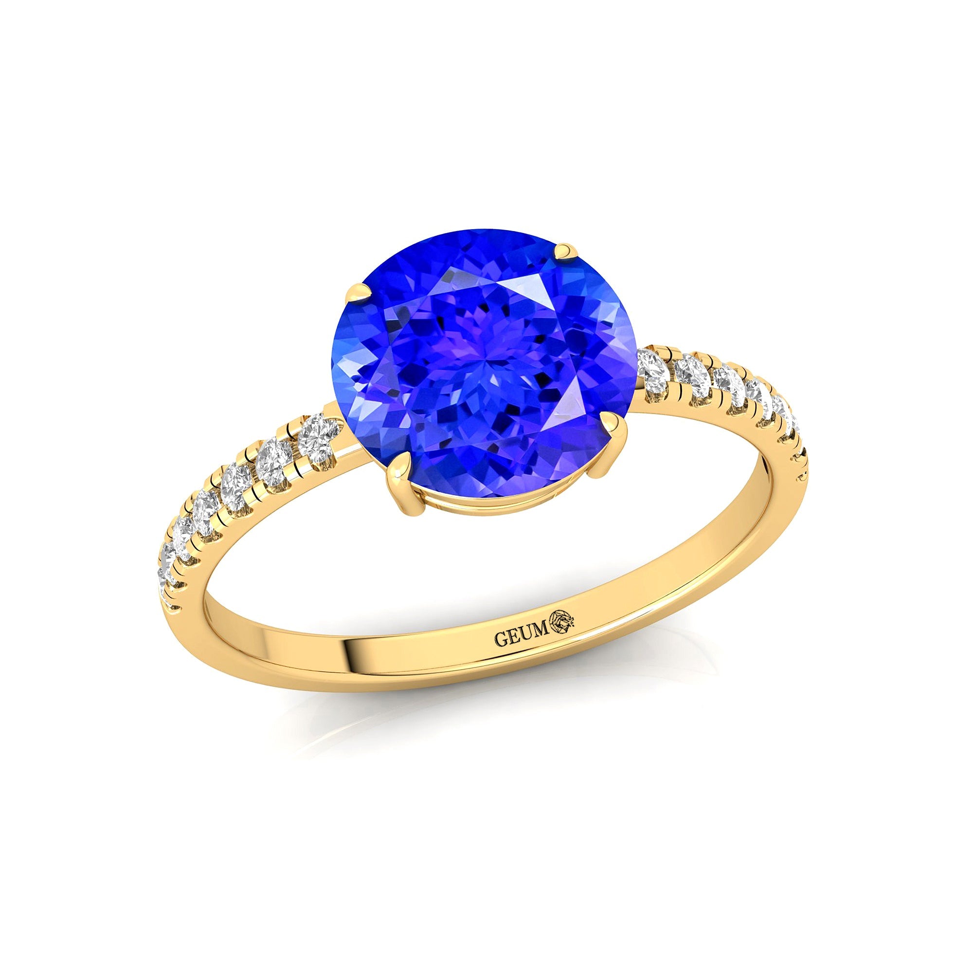Classic Six Prong Round Solitaire Tanzanite Ring with Accent Diamond Band - GeumJewels