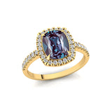 Elongated Cushion Halo Set Alexandrite Engagement Ring with Diamond Band - GeumJewels