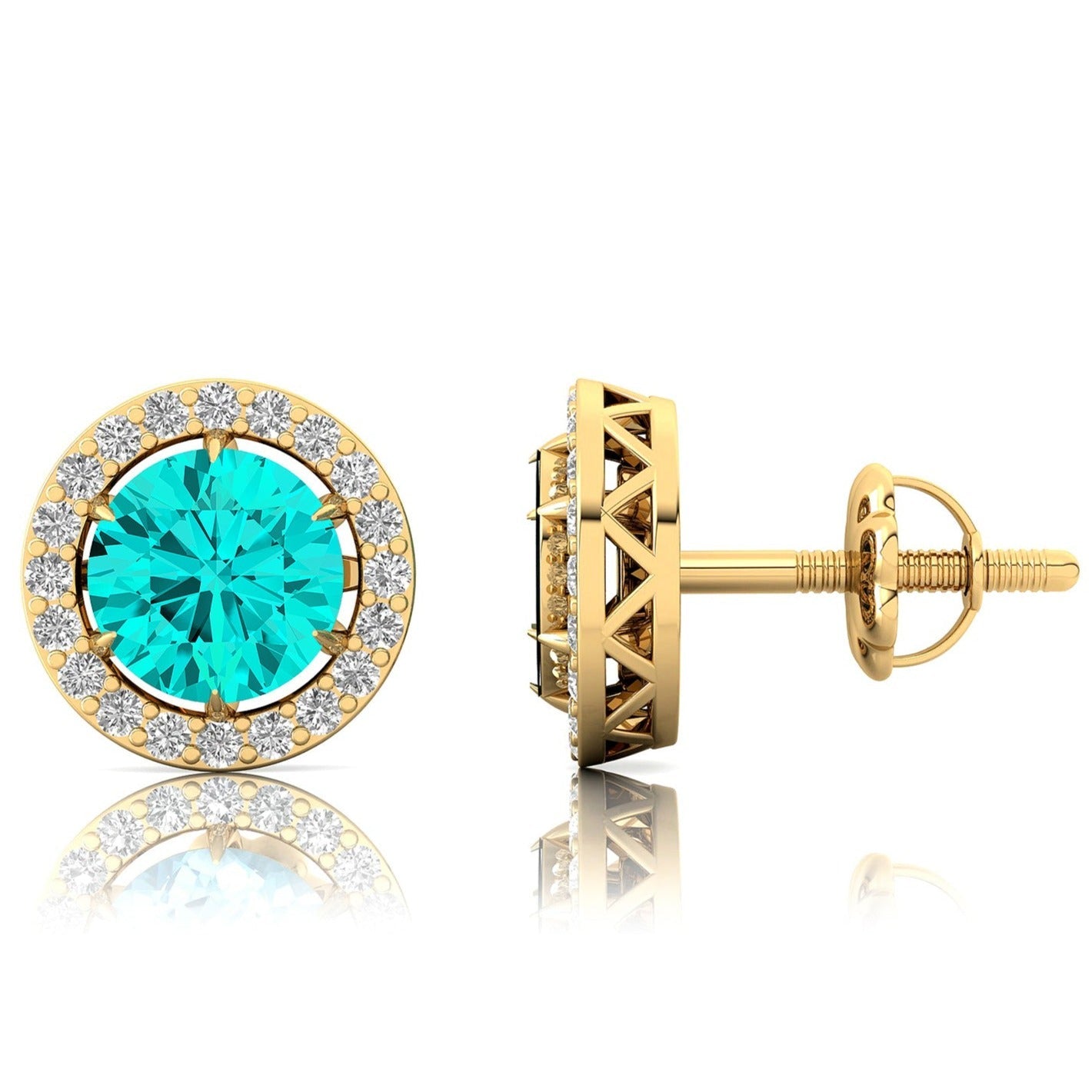Round Solitaire Paraiba Tourmaline Halo Diamond Stud Earrings - GeumJewels