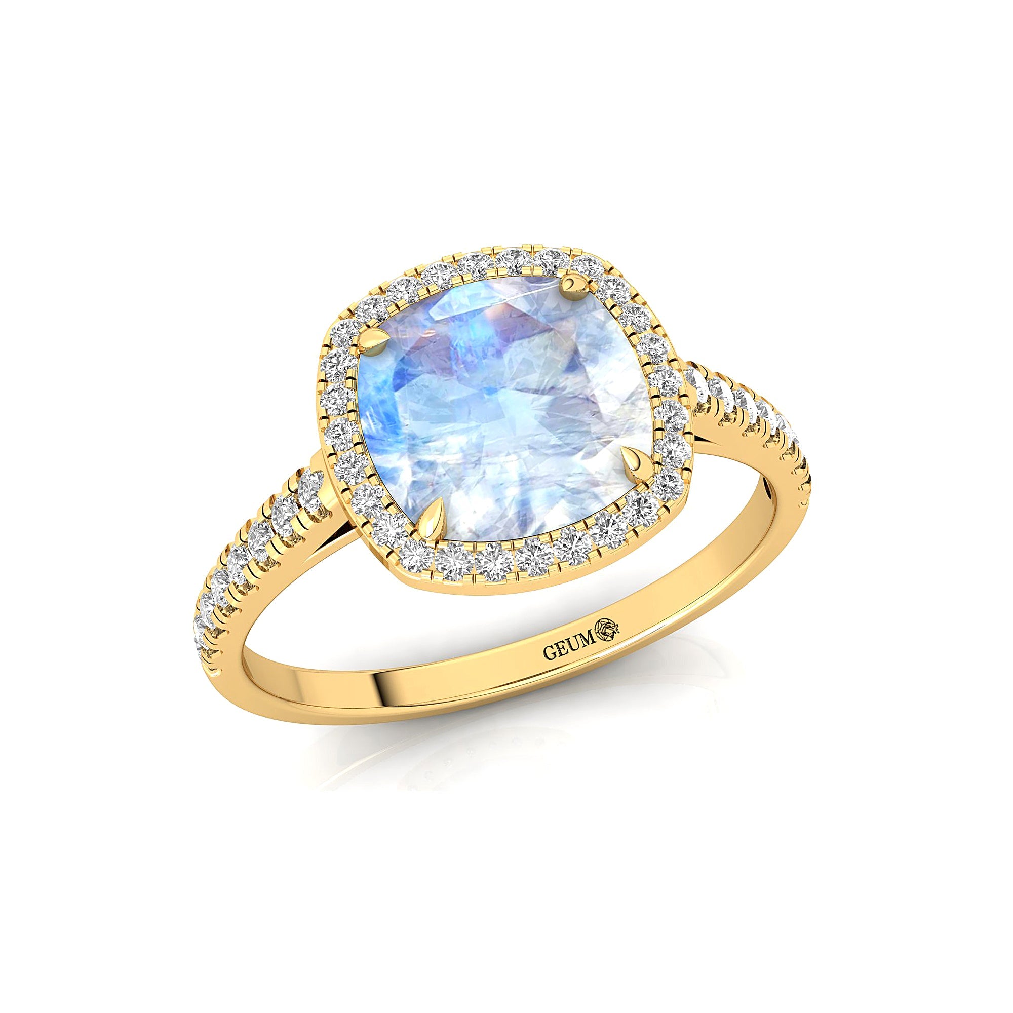 Halo Diamond Engagement Ring with Cushion Cut Moonstone - GeumJewels