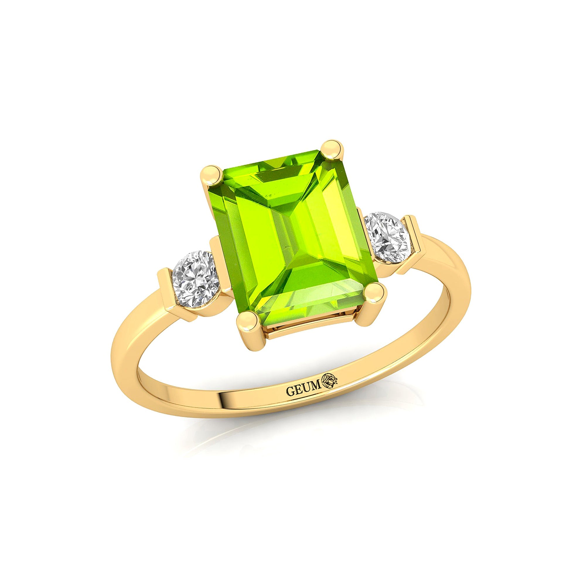 Emerald Cut Peridot and Diamond Three Stone Ring - GeumJewels
