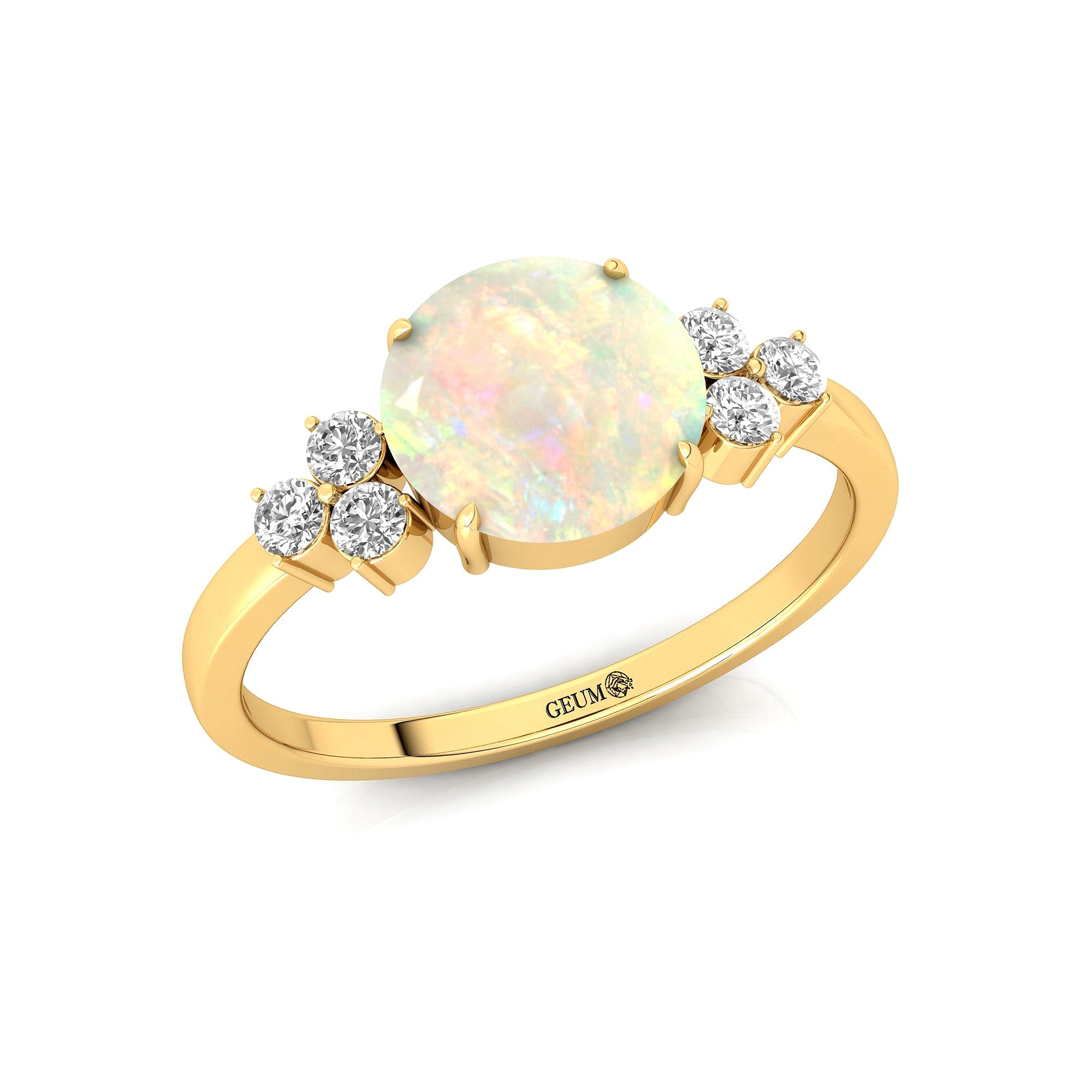 Trio Diamond Engagement Ring with Round Solitaire Opal - GeumJewels