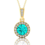 Dainty Round Solitaire Halo Diamond Paraiba Tourmaline Pendant - GeumJewels