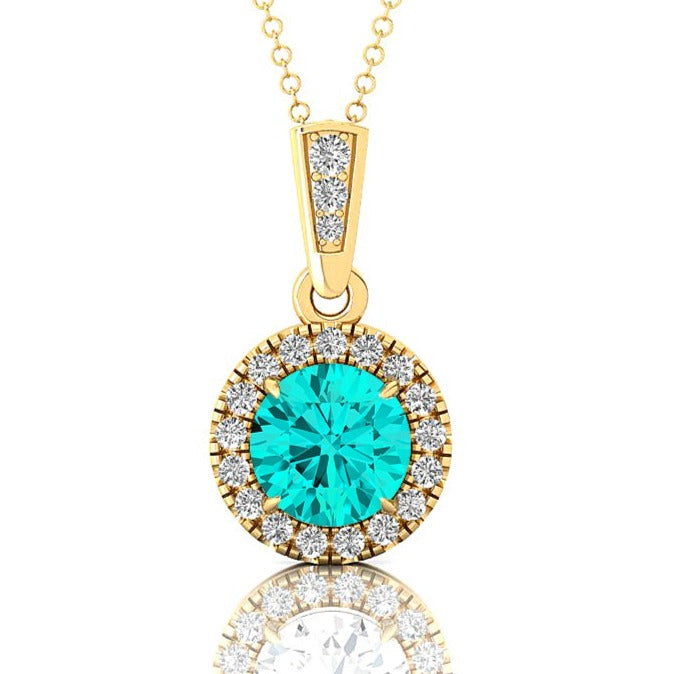 Dainty Round Solitaire Halo Diamond Paraiba Tourmaline Pendant - GeumJewels