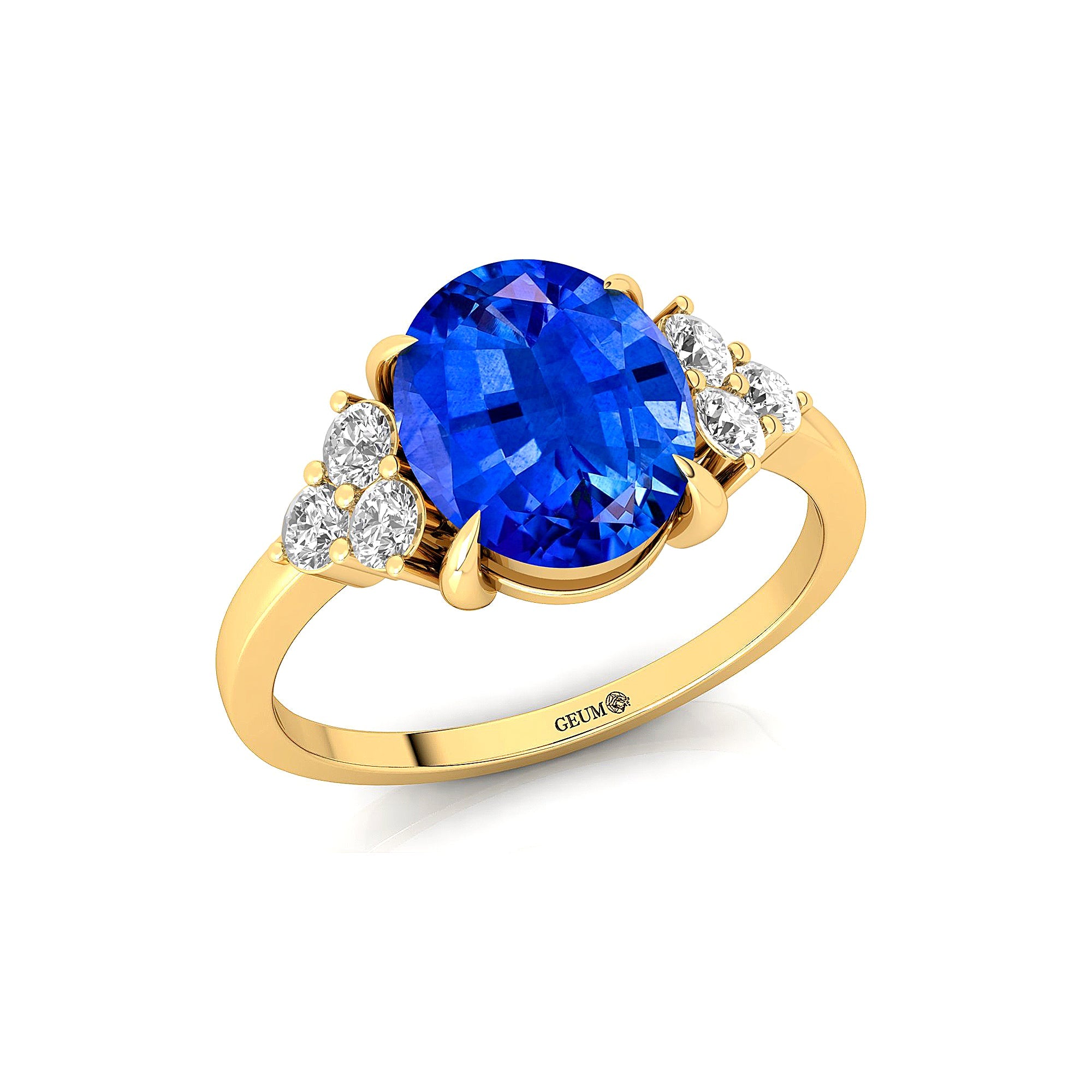 Trio Diamond Engagement Ring with Oval Cut Blue Sapphire - GeumJewels