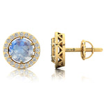 Round Solitaire Moonstone Halo Diamond Stud Earrings - GeumJewels