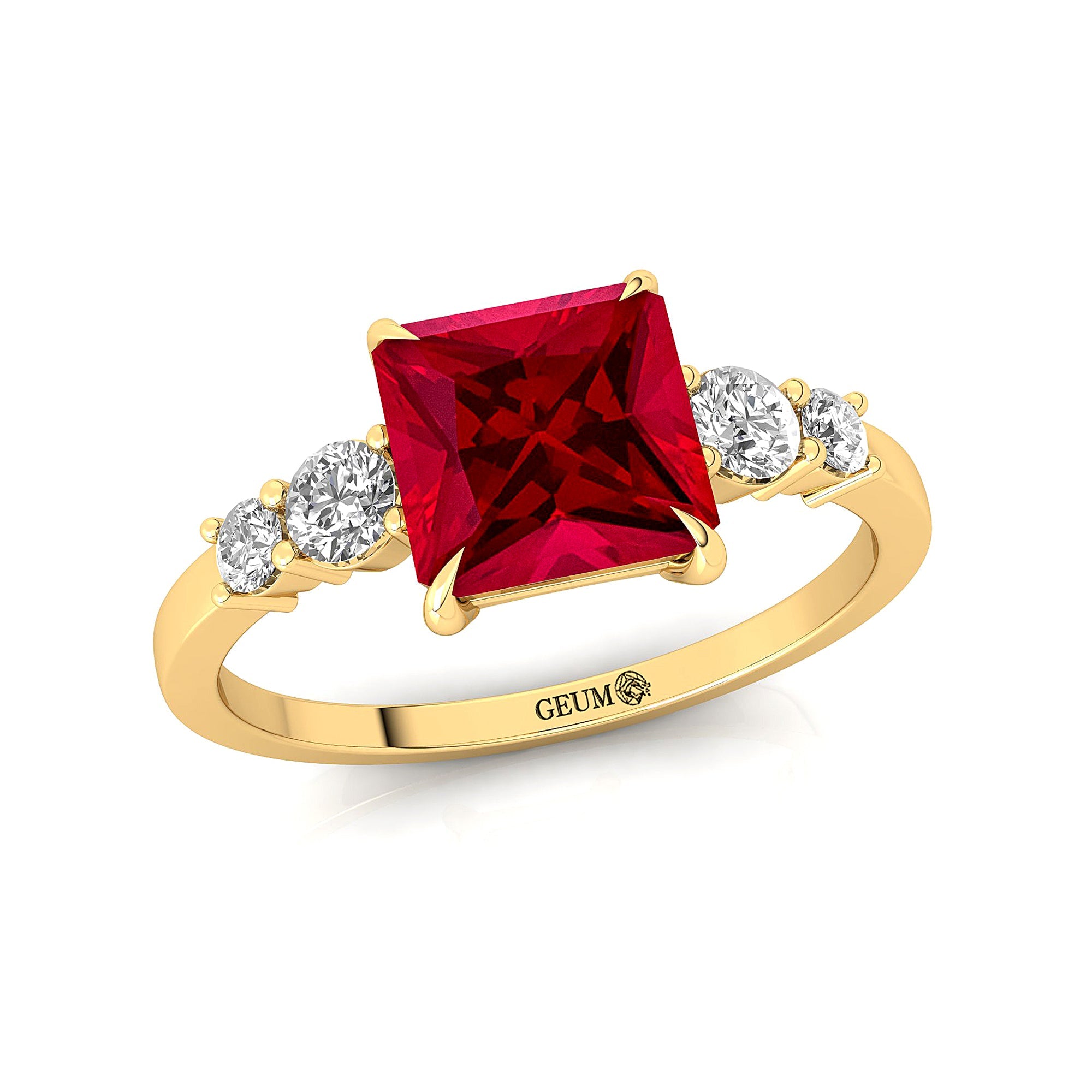 Princess Cut Ruby Graduating Accent Diamond Ring - GeumJewels
