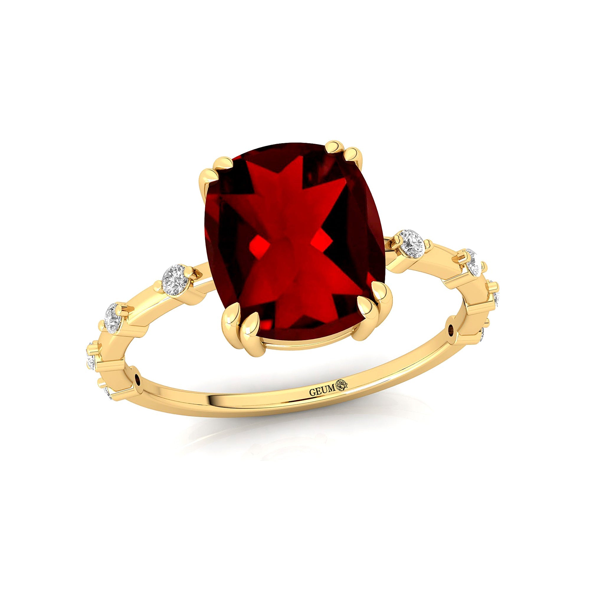 Cushion Cut Garnet Engagement Ring with Distant Diamond Band - GeumJewels