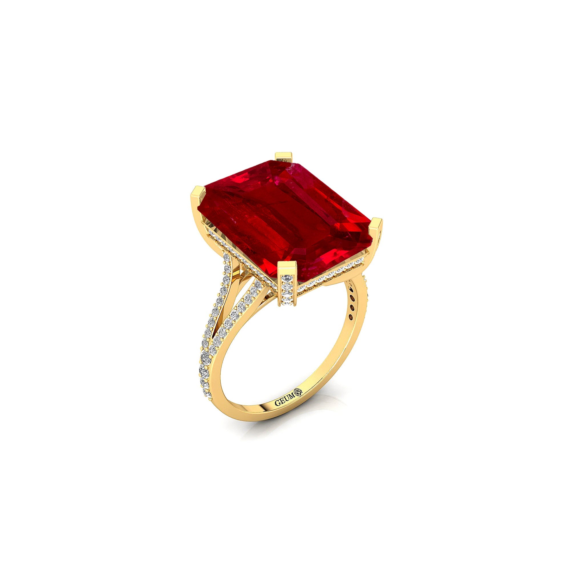 Emerald Cut Ruby Split Shank Engagement Ring with Diamonds - GeumJewels