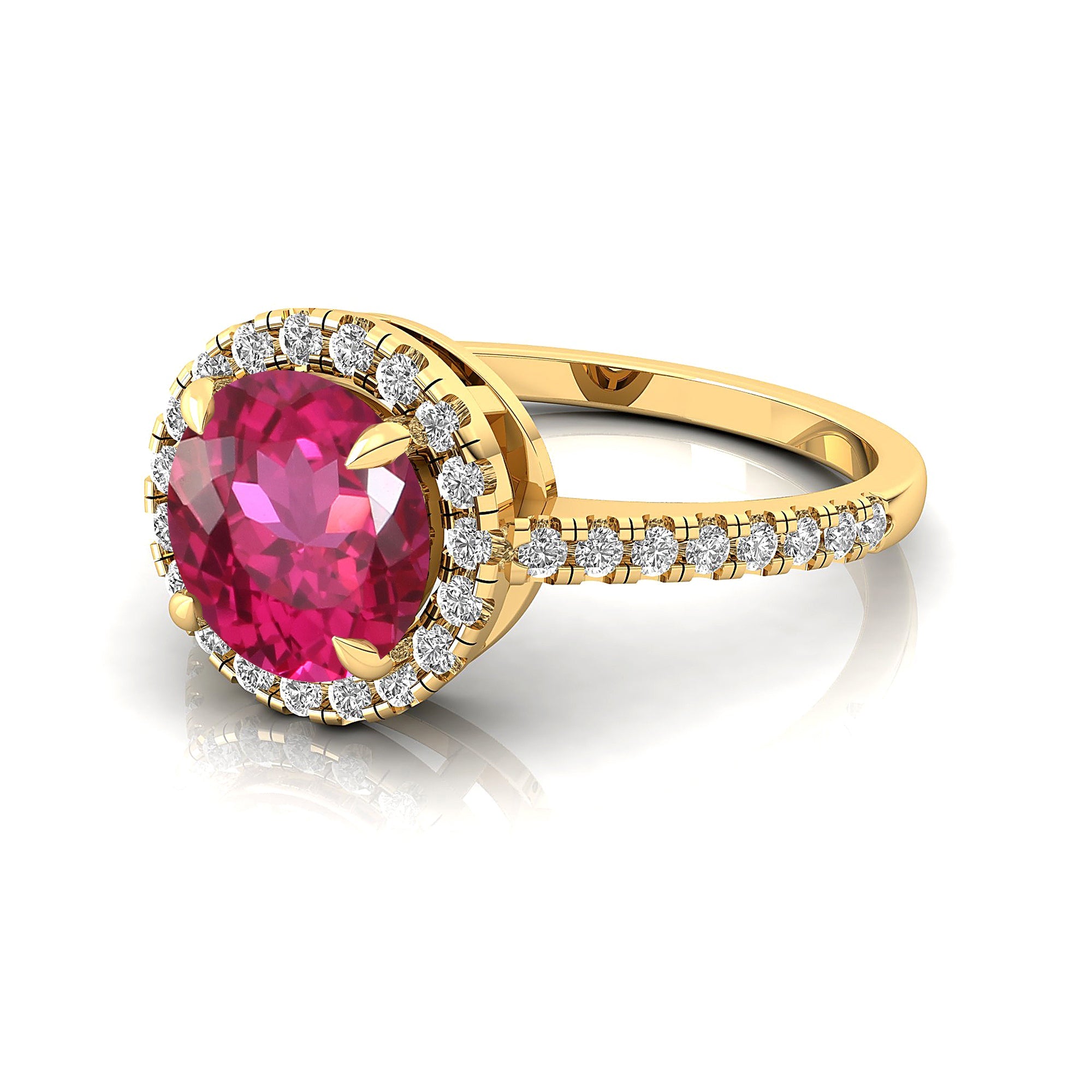 Classic Round Halo Diamonds with Solitaire Pink Sapphire Engagement Ring - GeumJewels