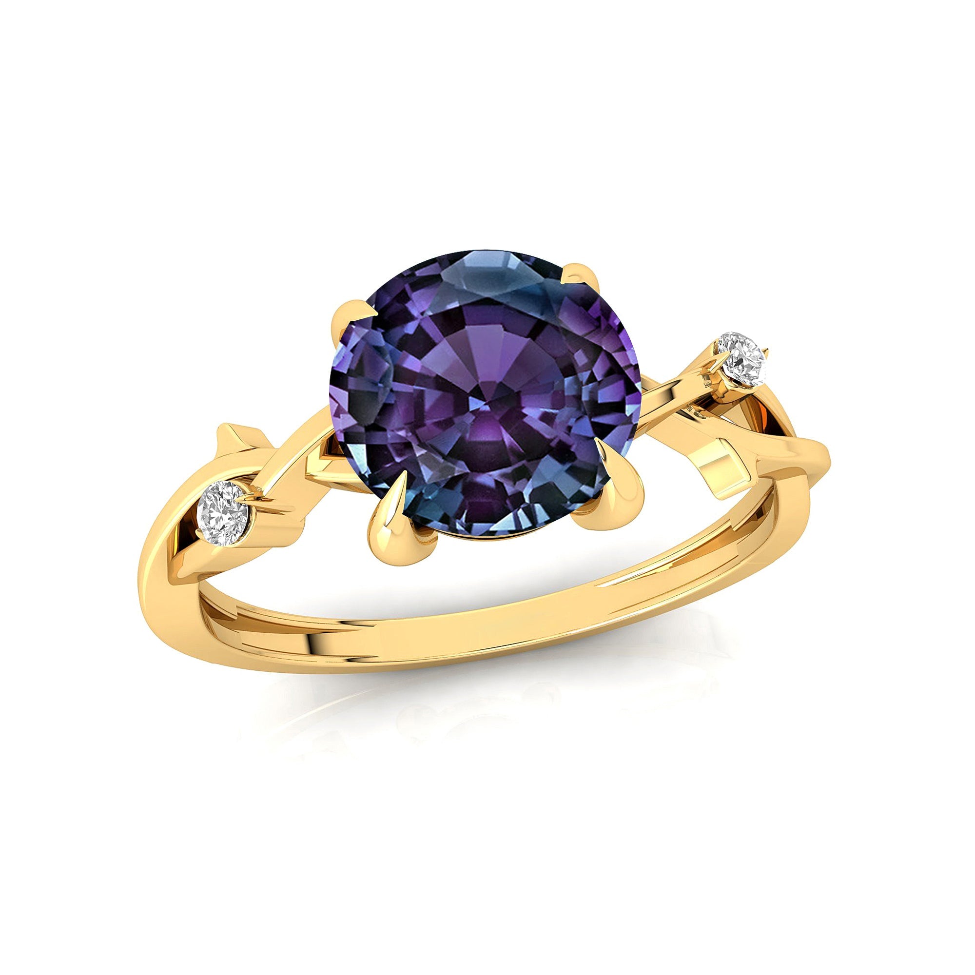 Criss Cross Nature Inspired Diamond Ring  with Round Alexandrite - GeumJewels