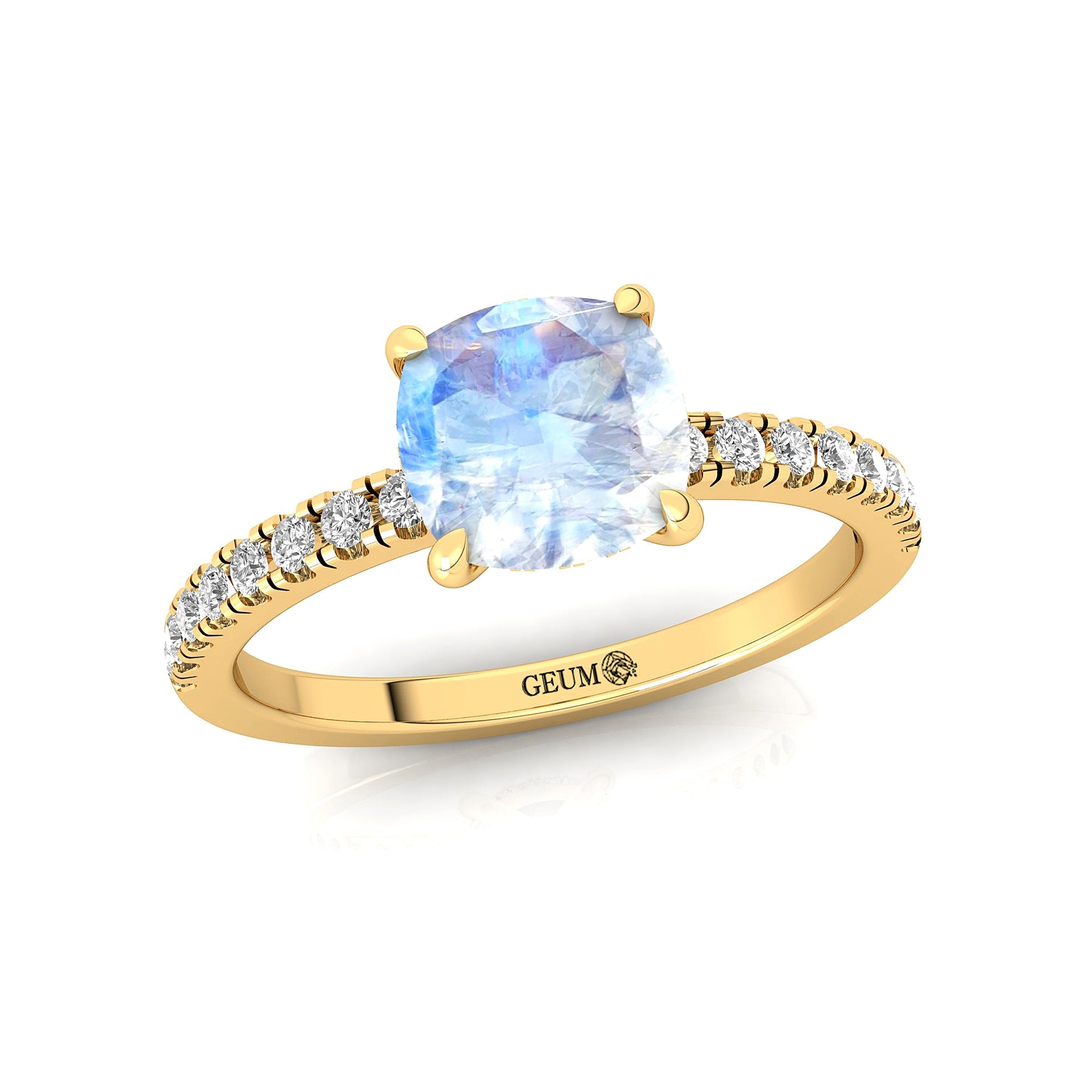 Moonstone Square Cushion Under Halo Diamonds Thin Ring with Diamond Band - GeumJewels
