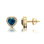 Heart Shaped London Blue Topaz Halo Diamond Stud Earrings - GeumJewels