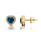 Heart Shaped London Blue Topaz Halo Diamond Stud Earrings - GeumJewels