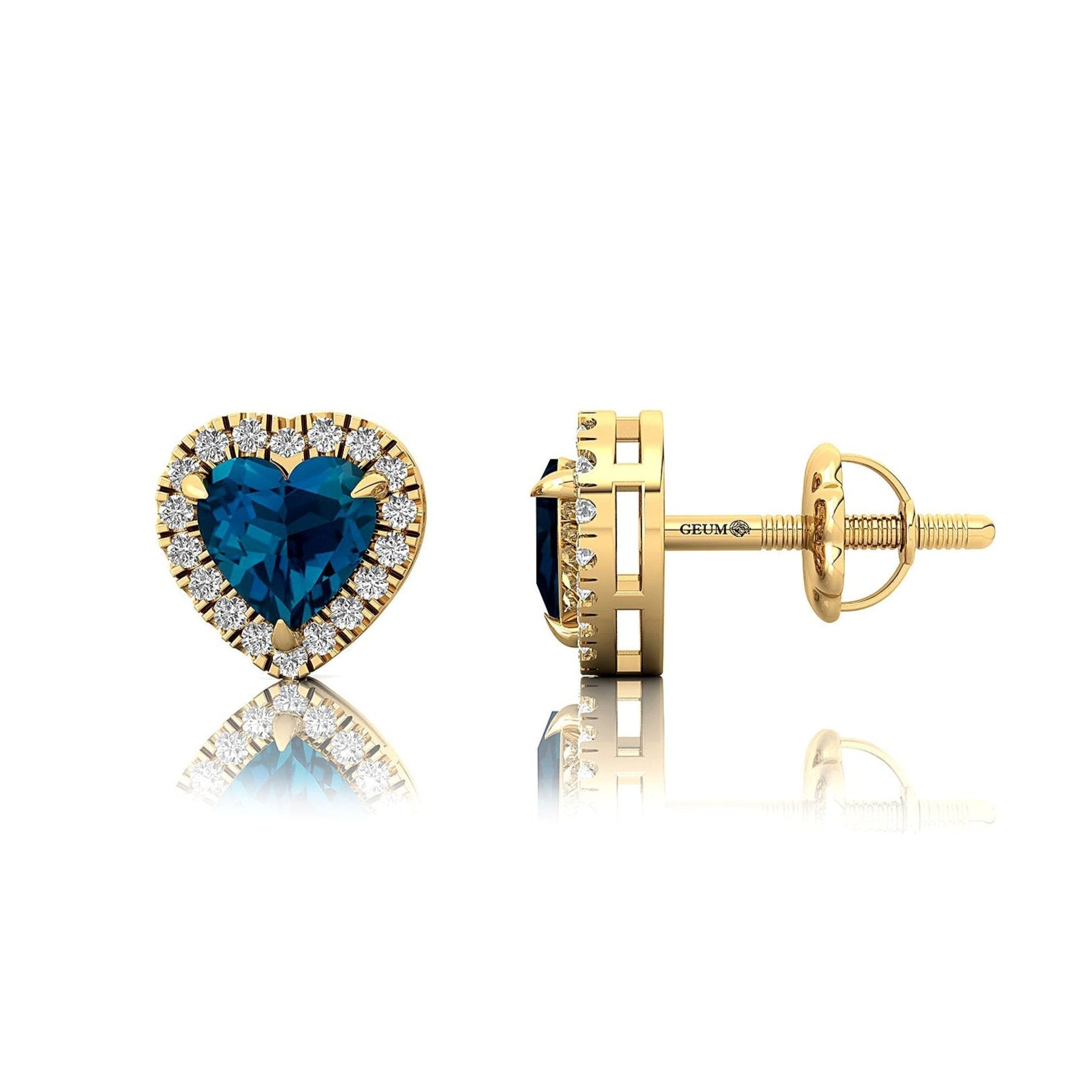 Heart Shaped London Blue Topaz Halo Diamond Stud Earrings - GeumJewels