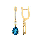 Lever Back Diamond Drop Earrings with Pear Cut London Blue Topaz - GeumJewels