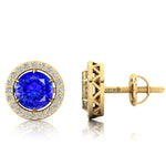 Round Solitaire Tanzanite Halo Diamond Stud Earrings - GeumJewels
