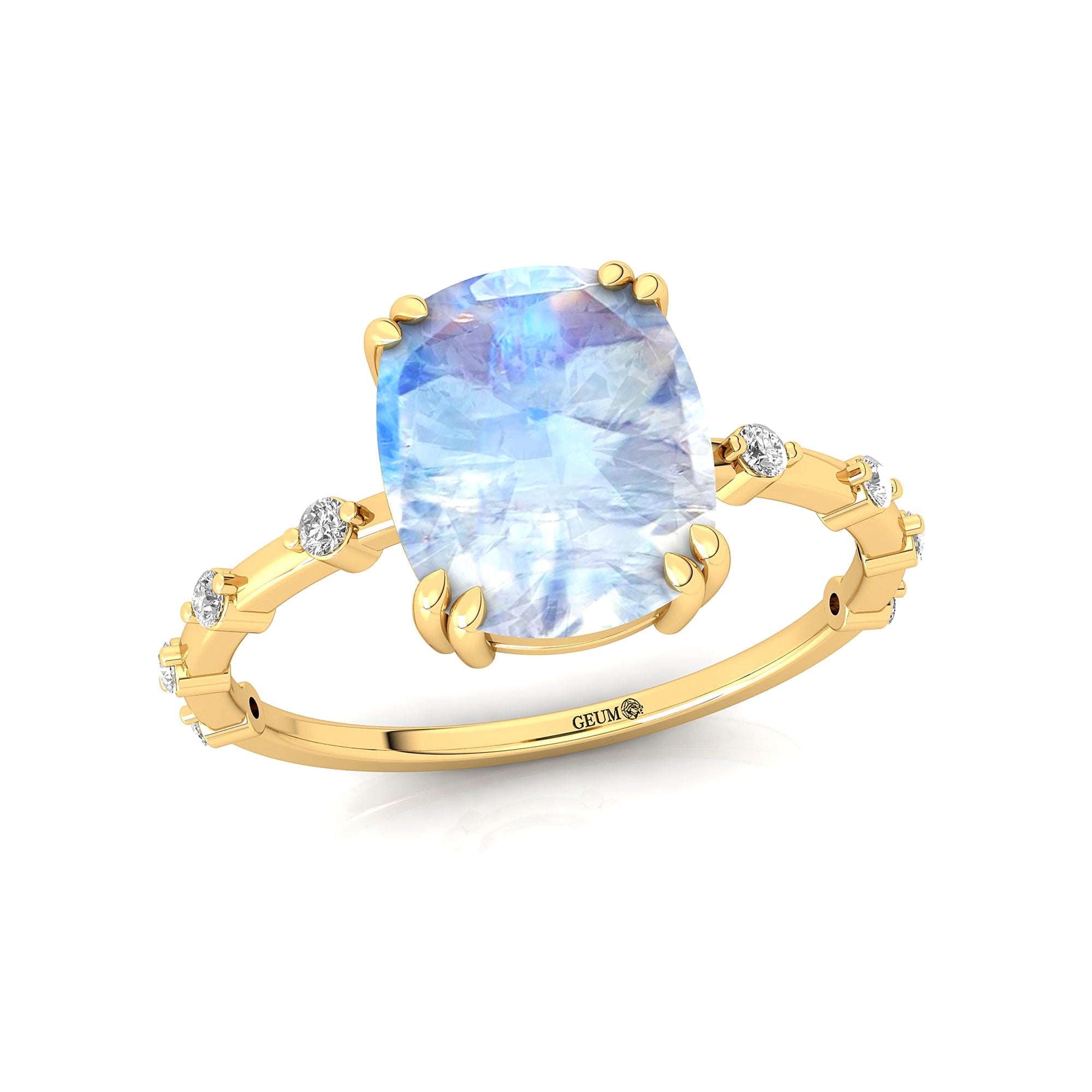 Cushion Cut Moonstone Engagement Ring with Distant Diamond Band - GeumJewels