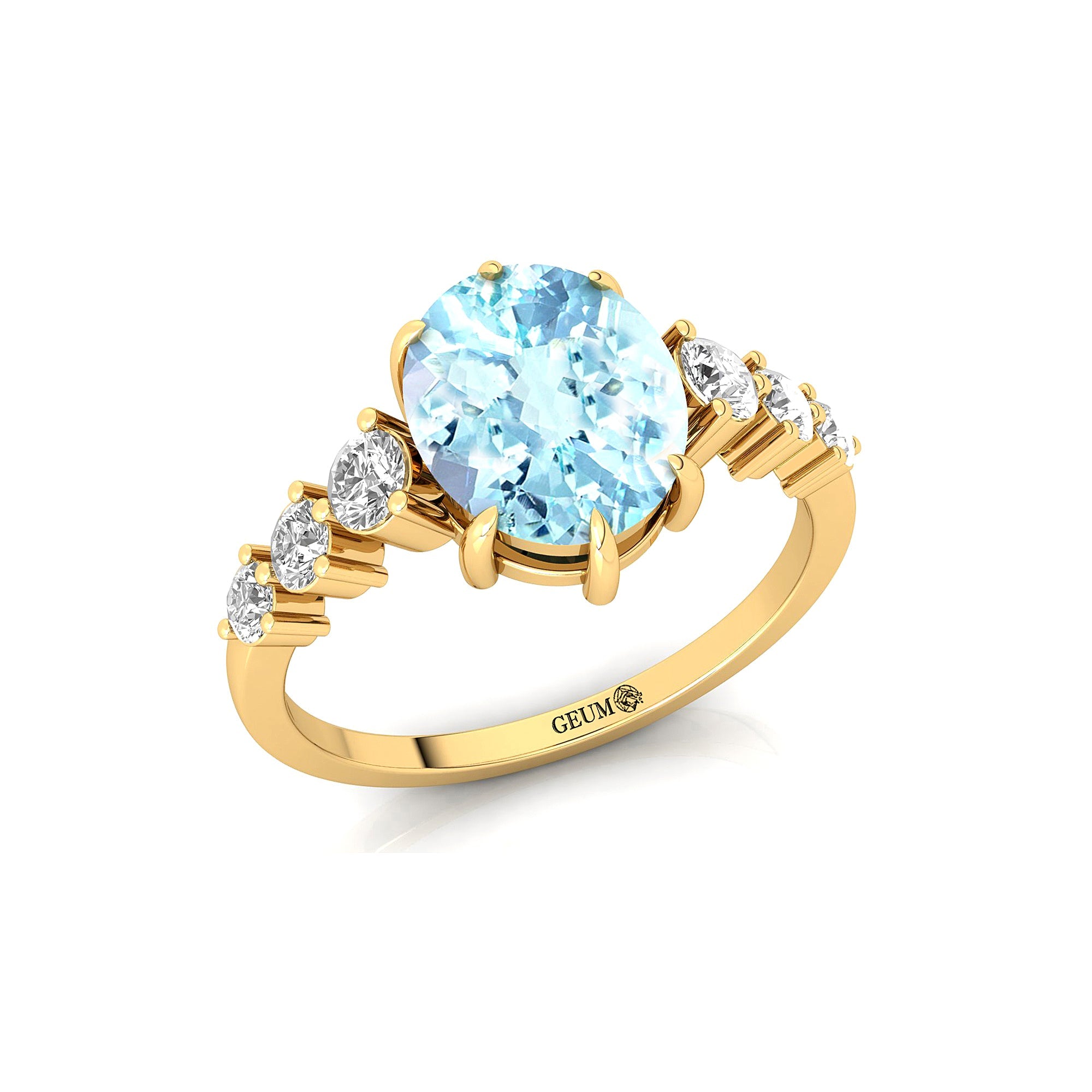 Oval Cut Aquamarine with Graduated Diamonds Ring - GeumJewels