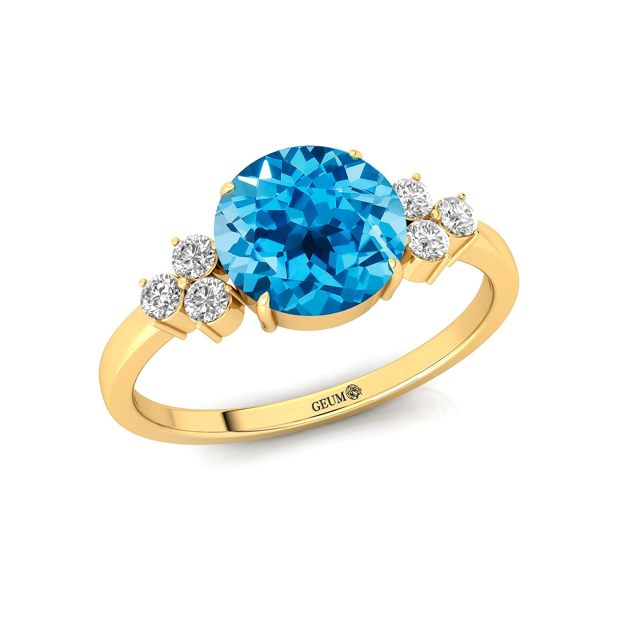 Trio Diamond Engagement Ring with Round Solitaire Swiss Blue Topaz - GeumJewels