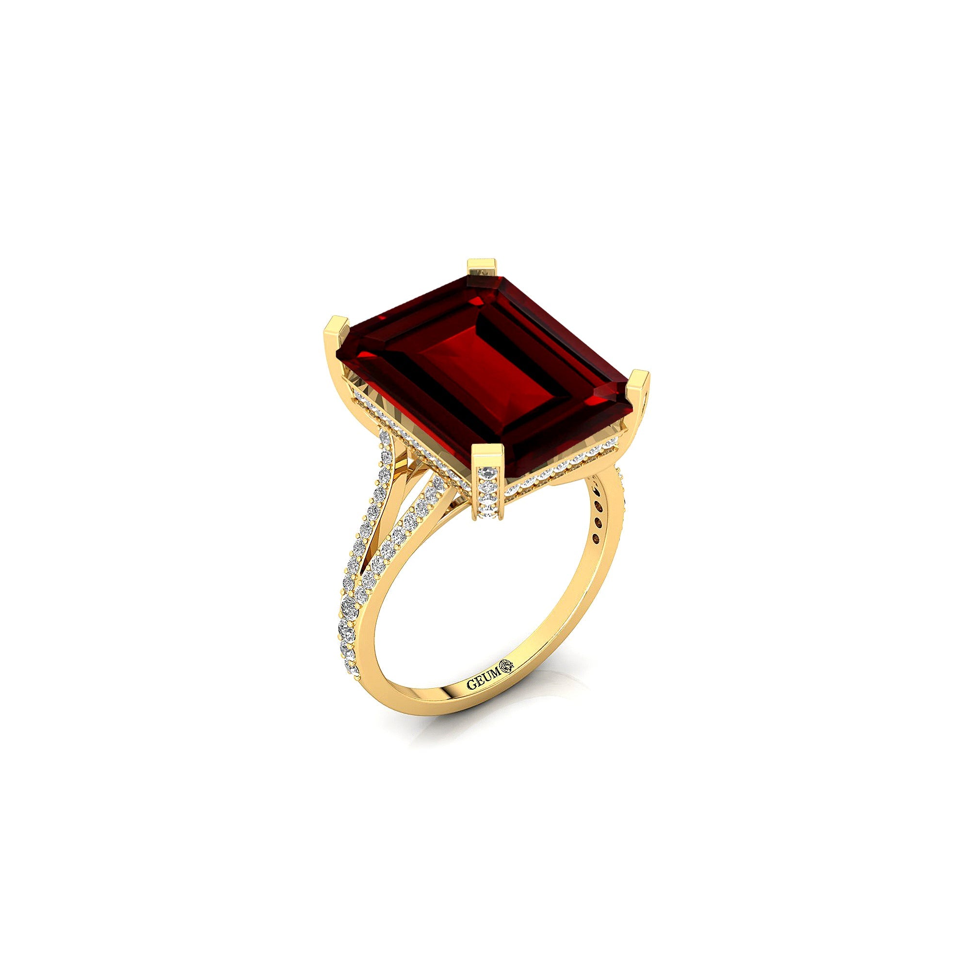 Emerald Cut Garnet Split Shank Engagement Ring with Diamonds - GeumJewels