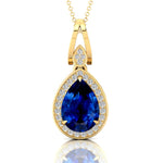 Classic Teardrop Shaped Blue Sapphire Halo Diamond Dangle Pendant - GeumJewels