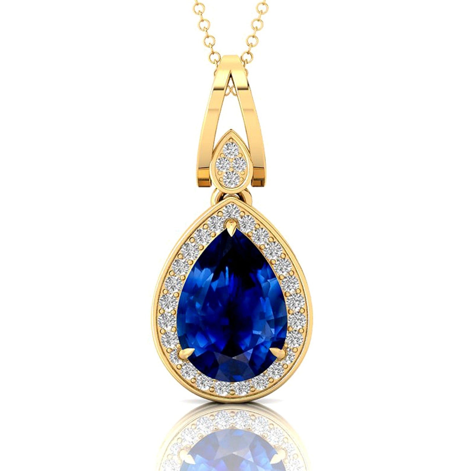 Classic Teardrop Shaped Blue Sapphire Halo Diamond Dangle Pendant - GeumJewels