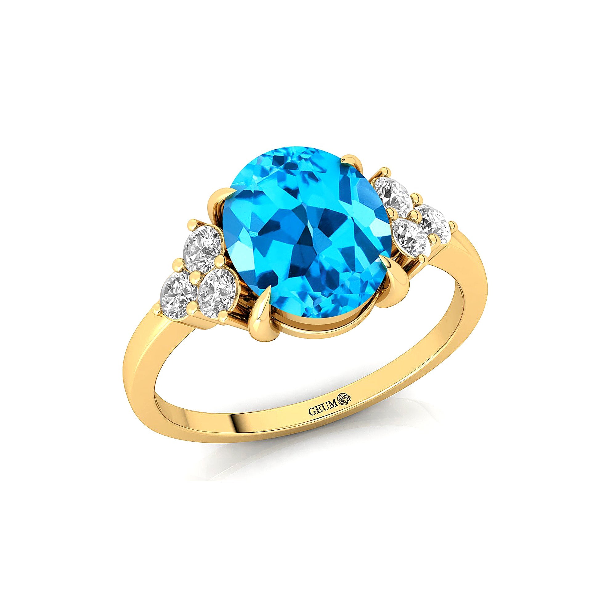Trio Diamond Engagement Ring with Oval Cut Swiss Blue Topaz - GeumJewels